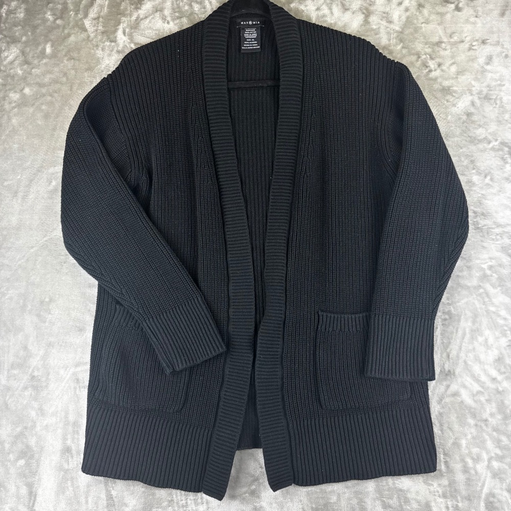 Max & Mia Cardigan Women XL Black 100% Cotton Shaker Knit Open Front (1620) - Picture 2 of 11